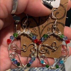 Handmade Sterling Silver Wire Hoop Earrings with Multicolor Crystal Beads